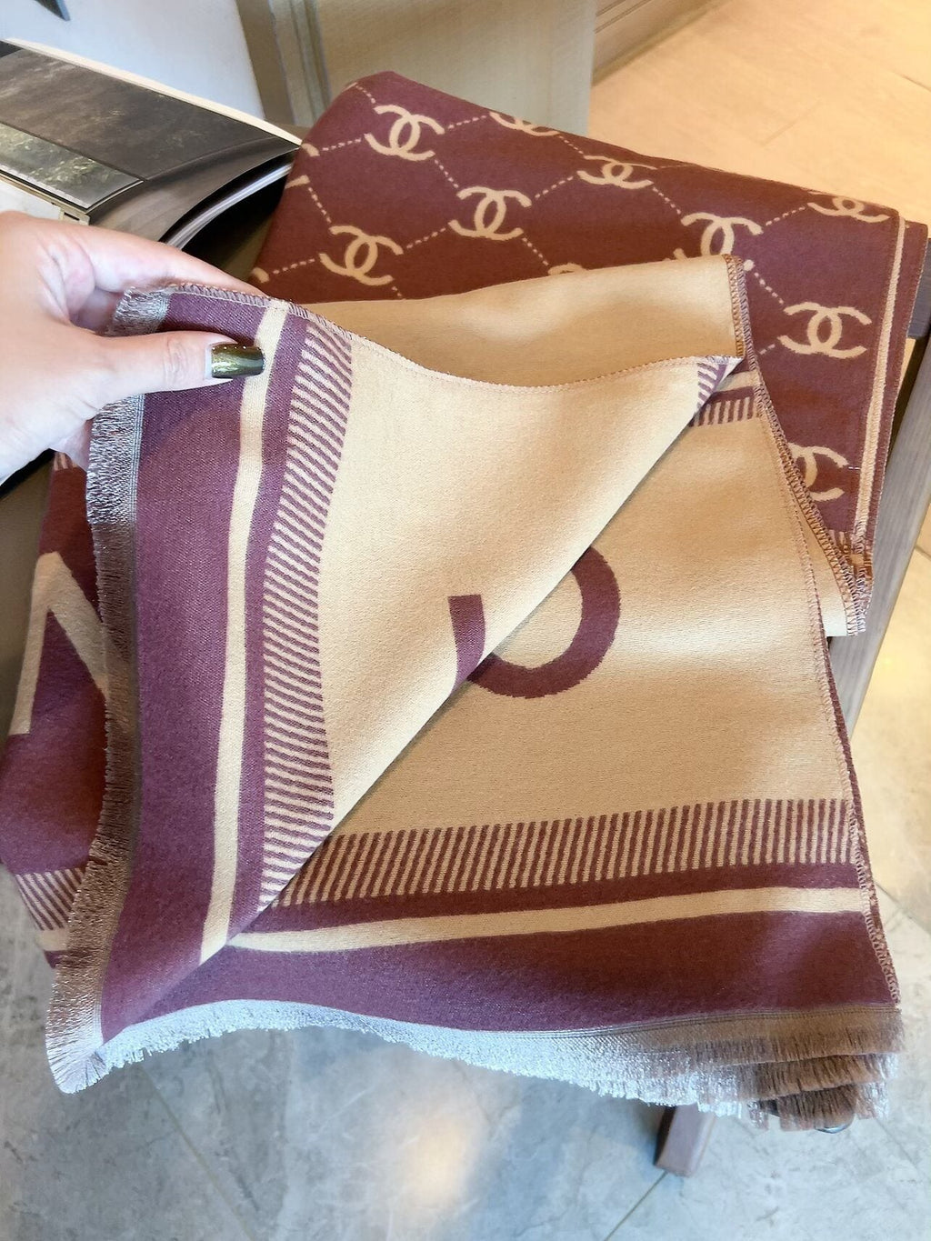 Chanel Burgundy Beige Motif Scarf
