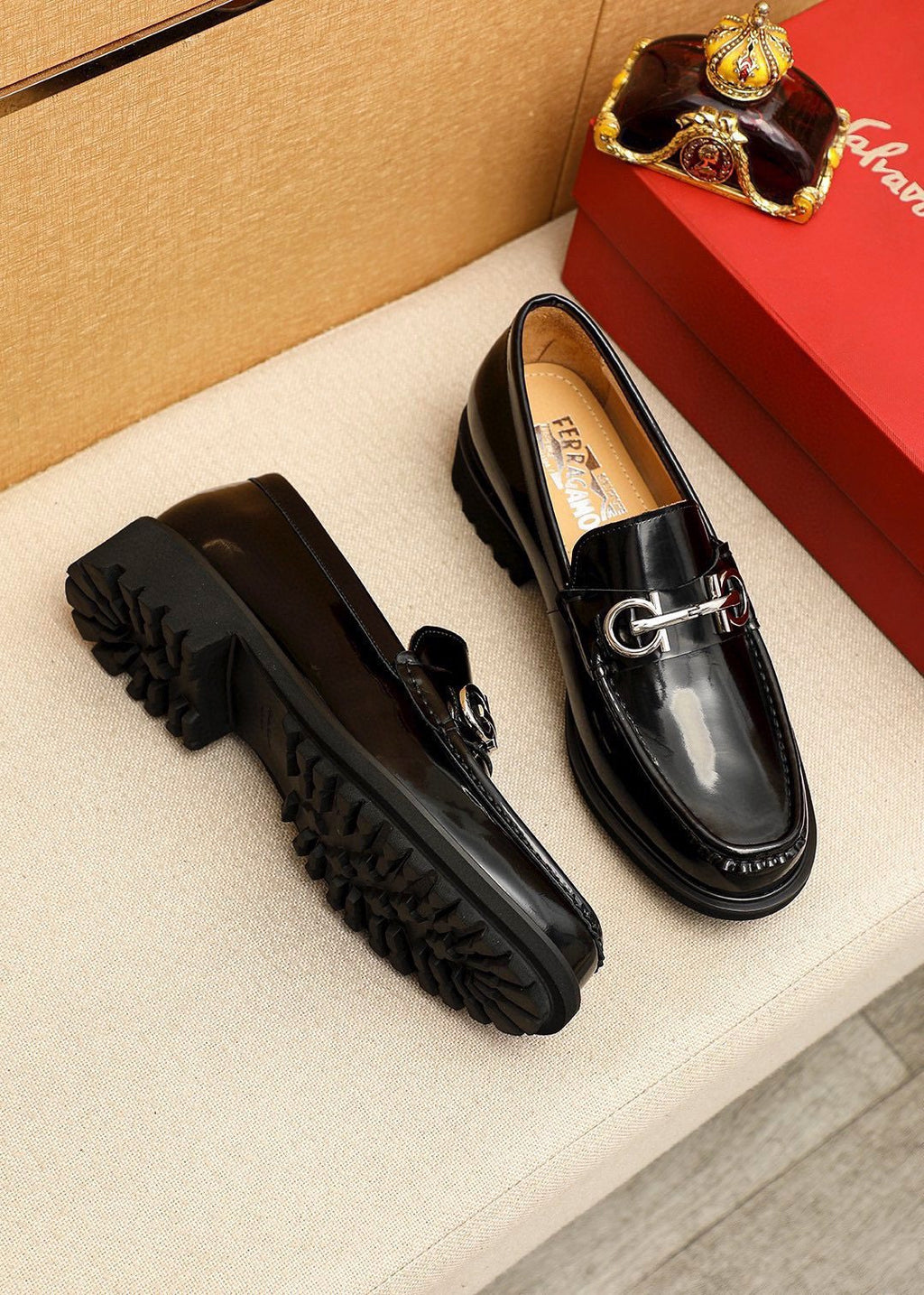 Ferragamo Black Metal-Hardware Loafers
